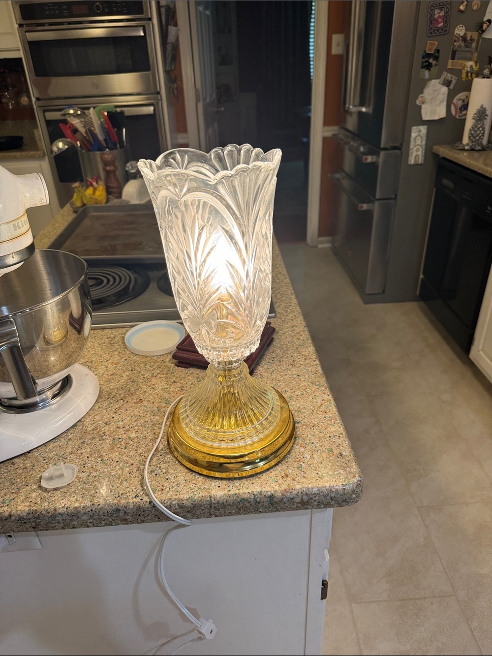 Vintage Crystal Torchiere Lamp, Brass Base